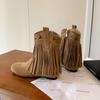 2024 Fashion Casual Rivets Mid Calf Flats Retro Fringe Round Toe Boots Flock Women Tassels Short Boots Plus Size