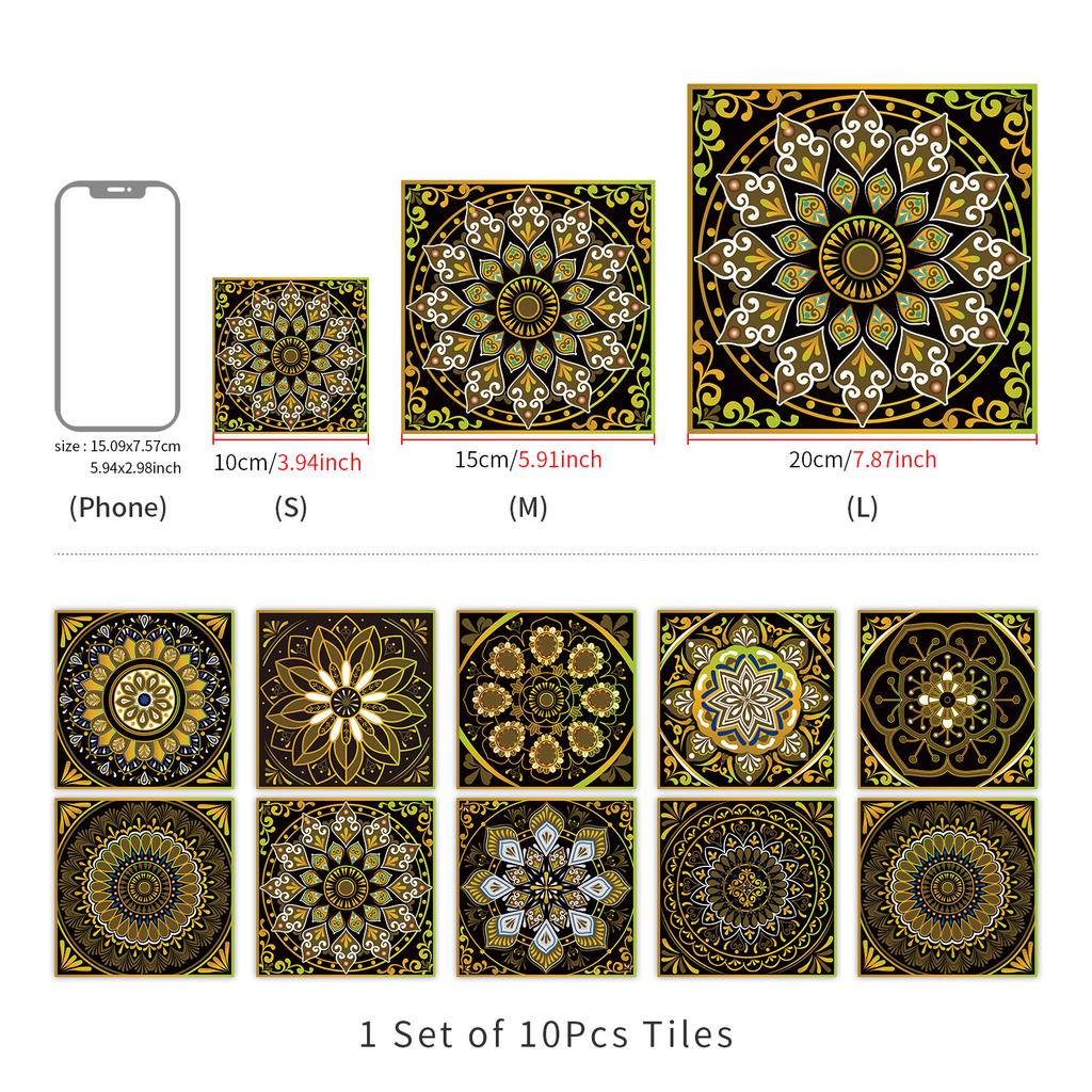 10 штук Кирпич с мандалой Самоклеящаяся наклейка на стену Водонепроницаемая Маслостойкая Кухня Гостиная Настенное украшение Европейская Кристальная Наклейка для плитки