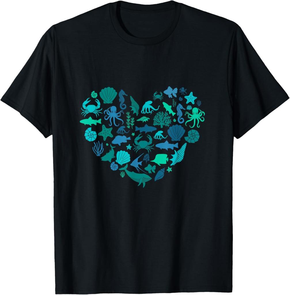 Marine Life Heart Graphic Tee Ocean Sea Creatures Print Soft Cotton T-Shirt Men Casual Wear