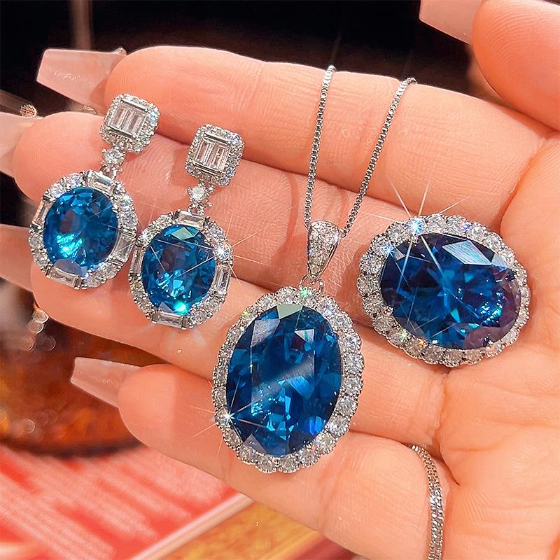 Luxury Blue Oval Cut Cubic Zirconia Jewelry Adjustable Ring Sparkling Necklace Earring for Women Statement Party Wedding Jewelry