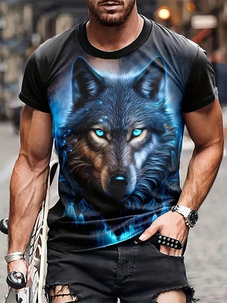 Fashion Men's Round Neck Short Sleeve T-shirt 3D Printed Colorful Hidden Wolf Tee Men's Casual Sport Short Sleeve Streetwear Top