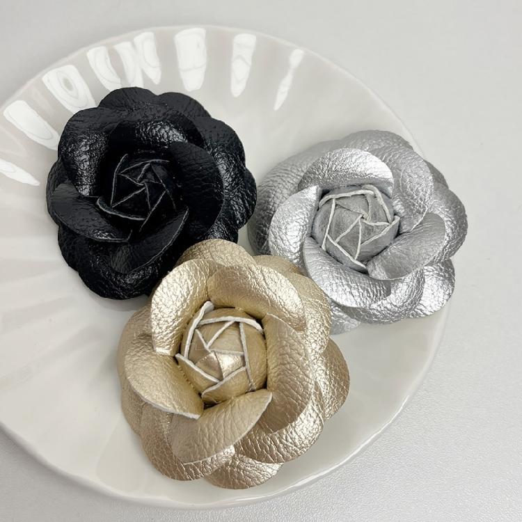 Camellia Lapel Pin PU Leather Flower Shaped Breastpin Accessory Brooch Ornament