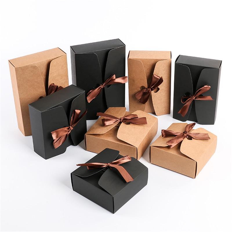 10Pcs Kraft Paper Gift Boxes With Bows For Nougat Handmade Biscuits Christmas Candy Packaging Baby Shower Party Supplies