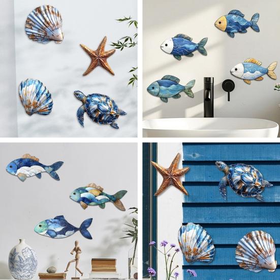 3/4Pcs/Set Wooden Fish Wall Decoration Farmhouse Rustic Nautical Turtle Shell Starfish Wall Art Sculpture Home Living Room Bathroom Wall Decorative