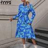 Women's Fashion Spring Autumn Leaf Print Long Sleeve POLO Neck Middle Waistline Casual Dresses