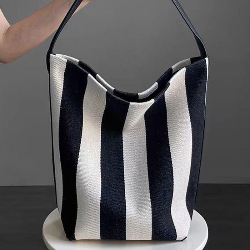 Stylish Striped Canvas Tote Bag Women Large Capacity Bucket Shoulder Handbag Casual Daily Use
