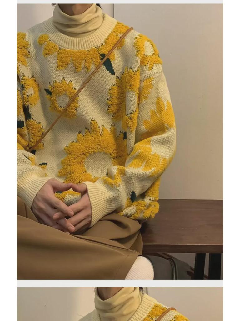 Мужской ретро-джемпер с жаккардовым узором «Японская хризантема» - Уютный осенний пуловер с круглым вырезом