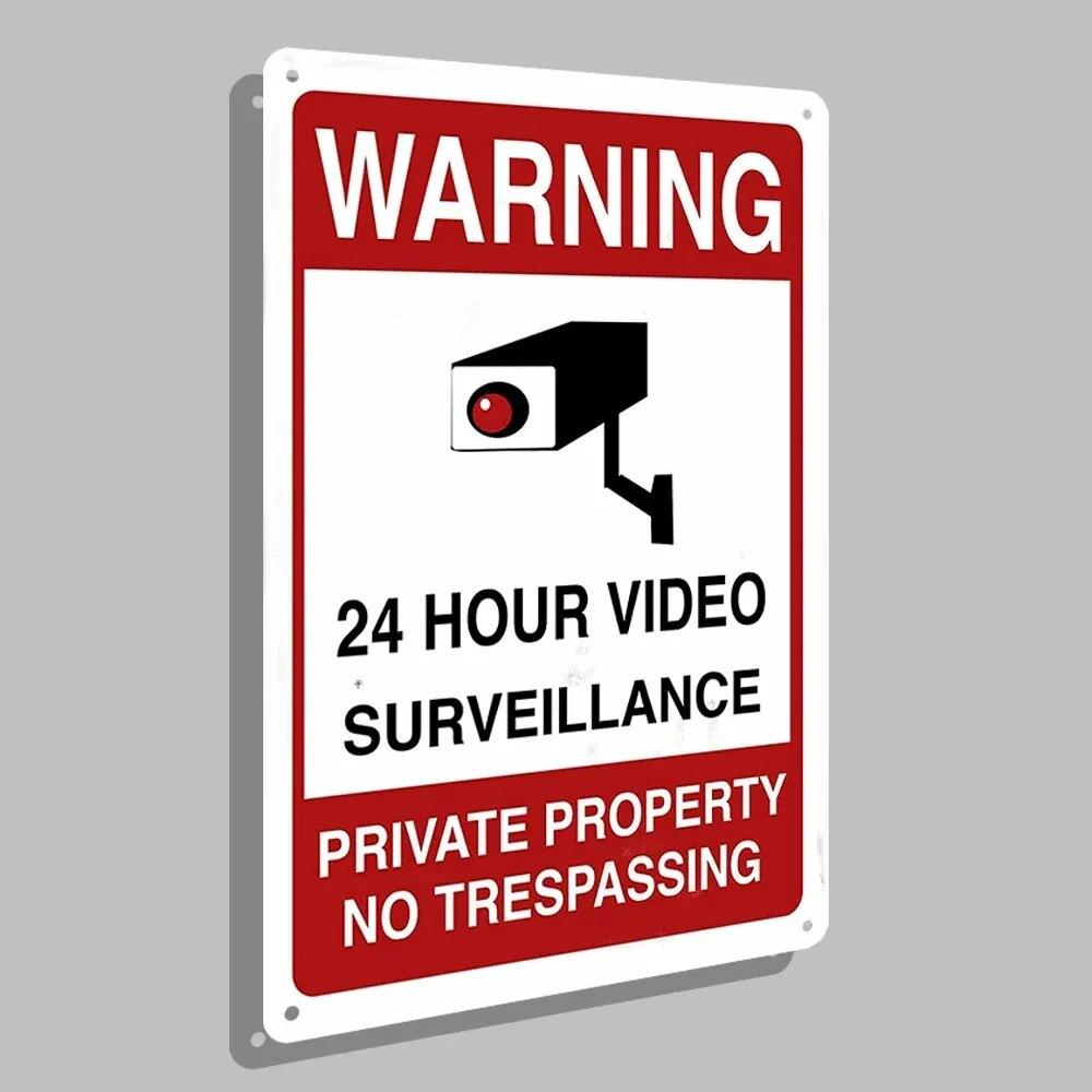 Metal Tin Signs Decor Warning 24 Hour Video Posters Surveillance Private Property No Trespassing Outdoor Indoor Wall Decor