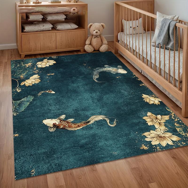 Area Rug Carpet Non Slip Vintage Koi Fish Lotus Pond Floor Mat for Entryway Bedroom Living Room Kids Room Home Decor