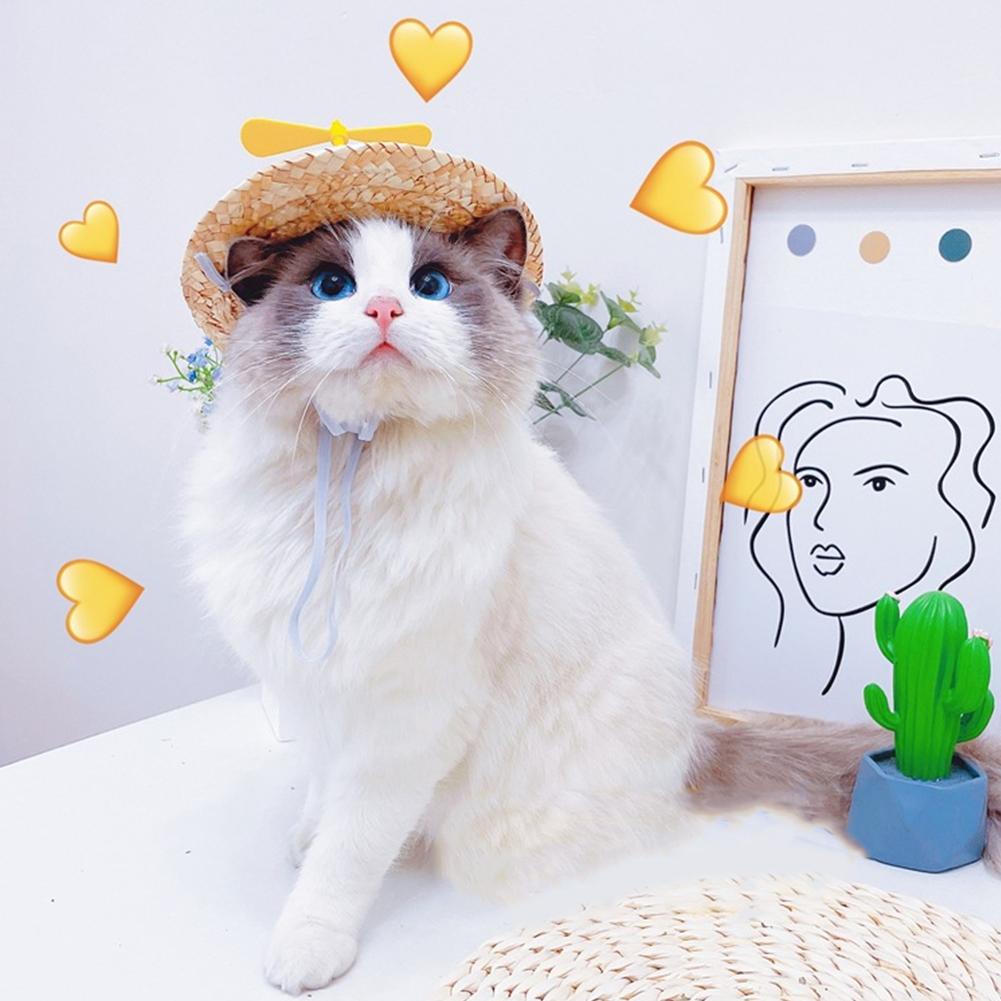 Mini Pet Cat Dogs Summer Straw Hat with Bamboo Dragonfly Hawaii Style Hat for Cats Dogs Funny Accessories