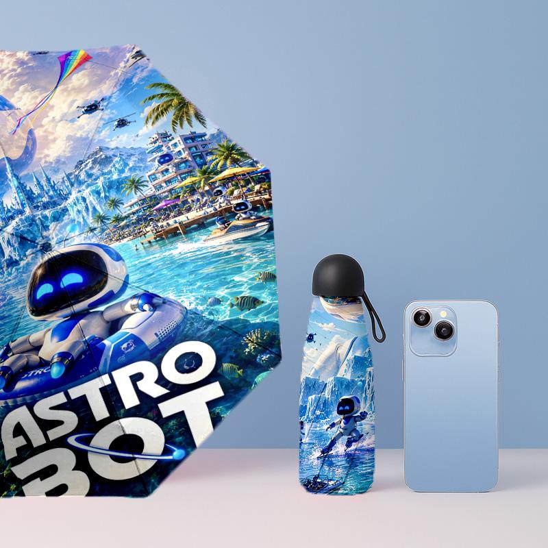 Astro Bot Напечатанный 5?Сложить Мини-зонт 8?Складной ветрозащитный зонт с ребрами для женщин, карманный