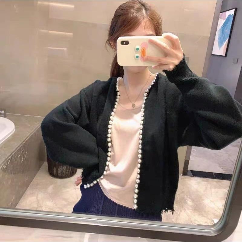 Короткая куртка в жемчужном стиле, вязаный кардиган, свитер, женская верхняя одежда на весну и осень, нишевый дизайн, модная верхняя одежда