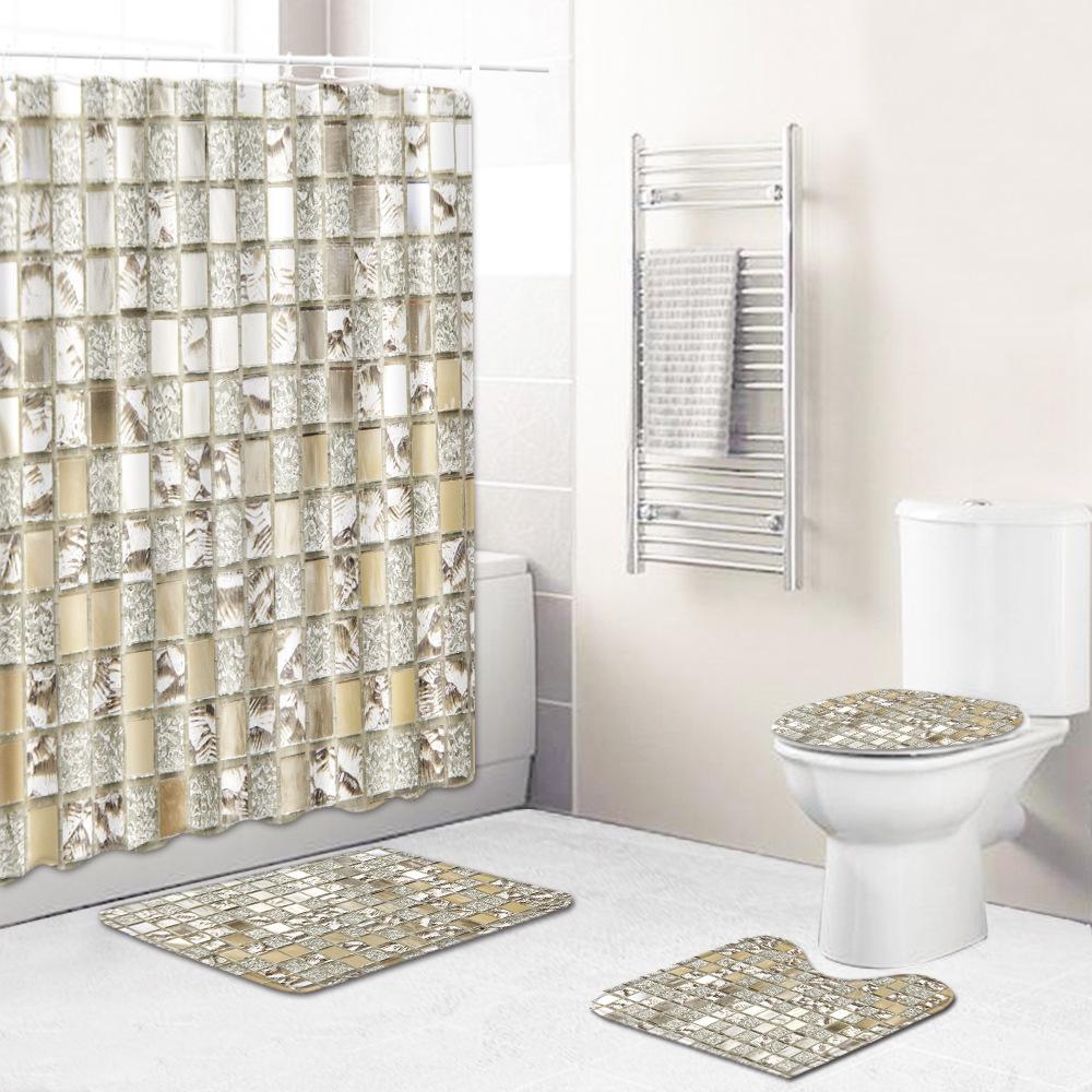 Home Waterproof Print Shower Curtain 4 Piece Carpet Cover Toilet Cover Bath Mat Pad Set Bathroom Curtain Bathroom Decoration