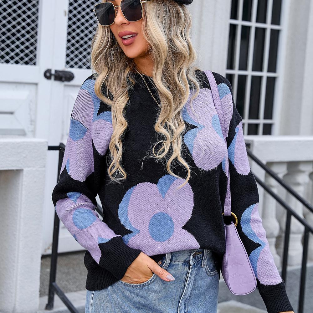 Осенне-зимний женский пуловер с принтом, круглый вырез, модный свитер с большим цветочным принтом