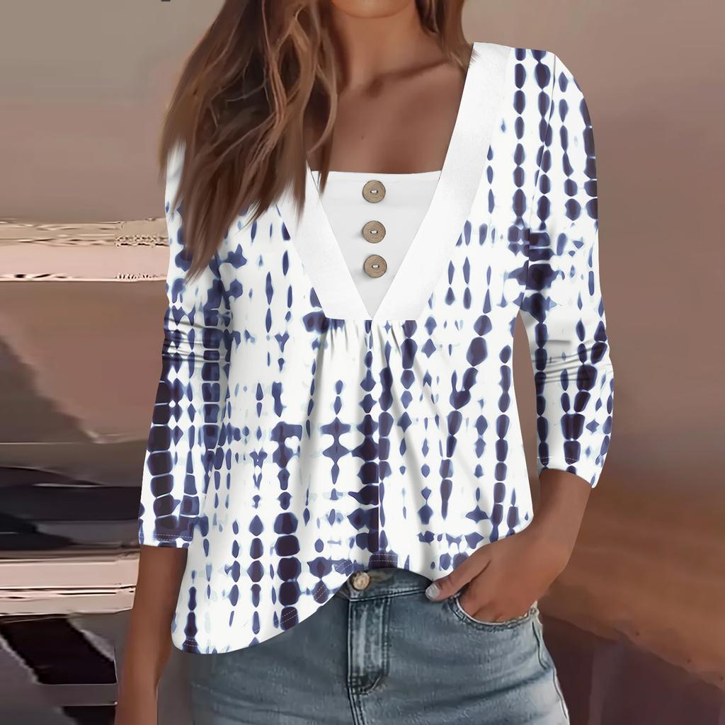 Women's Fashion Casual Long Sleeve Shirt Floral Printed Button V Neck Up Tops