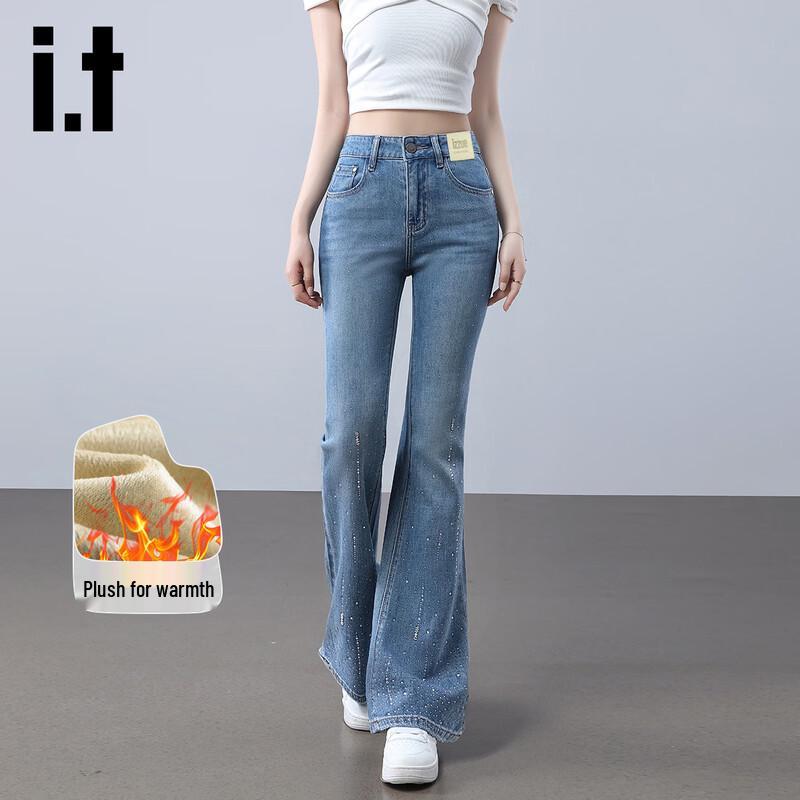 Izzueit Женские облегающие джинсы клеш с высокой посадкой и стразами, на флисовой подкладке
