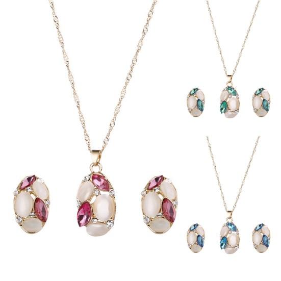 2 шт./компл., роскошный овальный кулон из искусственного опала, комплект ожерелья-гвоздиков с блестящими стразами, женский элегантный комплект серег и ожерелья