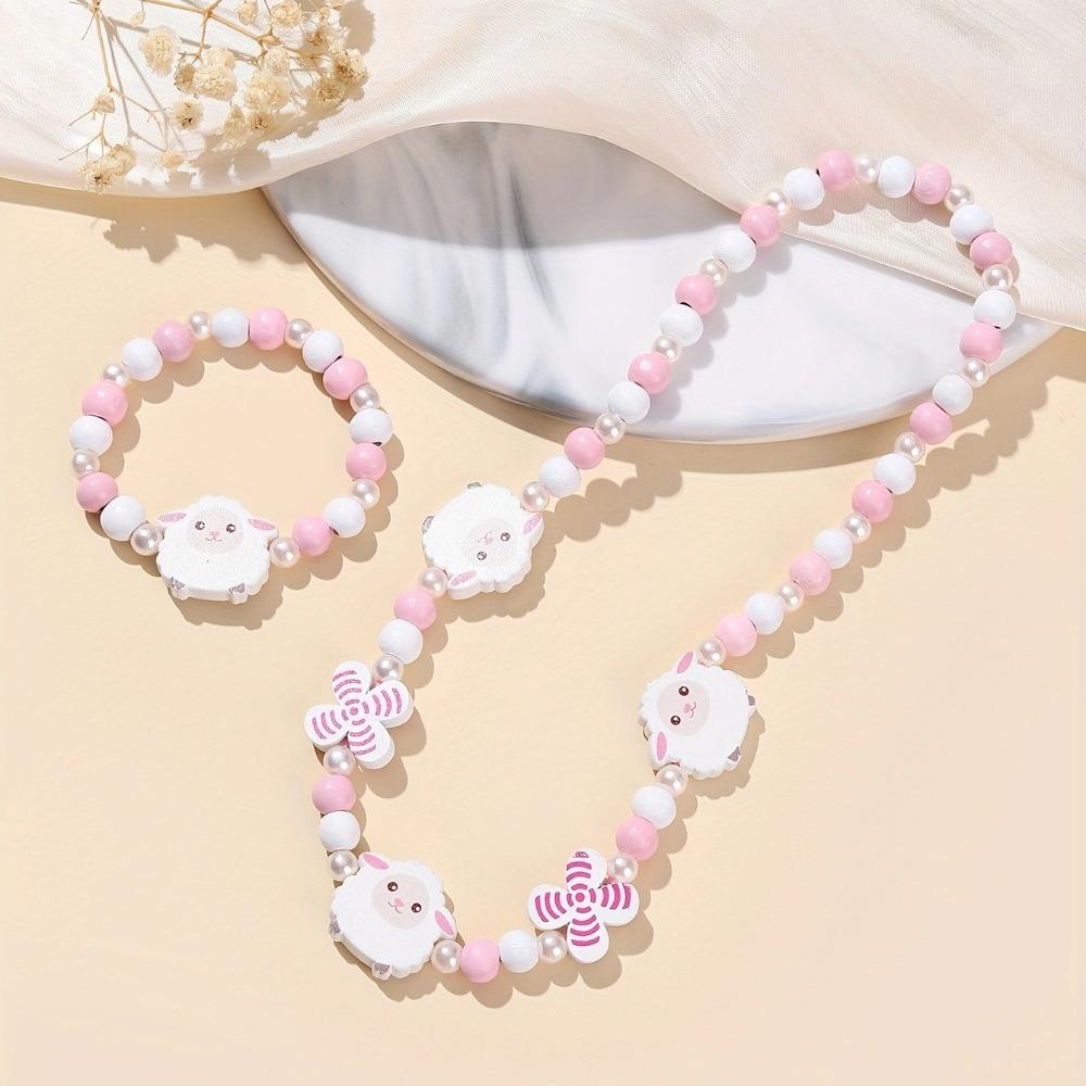 2pcs Cute Cartoon Wood Beads Necklace Animal Shape Children's Necklace Bracelet Jewelry Set