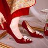 Spring Pearl Flower Wedding Bride Shoes Women Red Slip -On Thin Heels Pumps Woman Elegant High Heels Shoes For Female