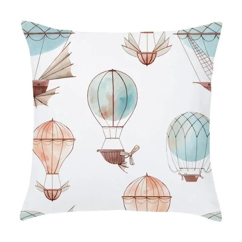 Cartoon Nautical Series Hot Air Balloon Lighthouse Print Pillow Cover Home Room Office Seat Living Room Sofa Cushion Cover