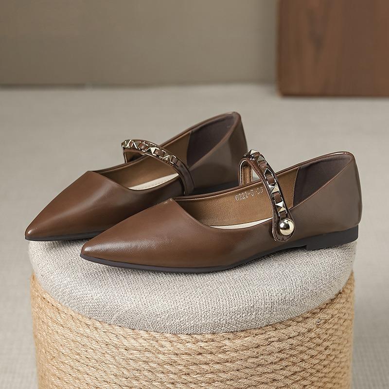 Туфли на плоской подошве с мягкой подошвой, женские модные туфли Мэри Джейн с заклепками и пряжками, элегантные туфли-лодочки с острым носком, женские рабочие туфли из микрофибры и кожи