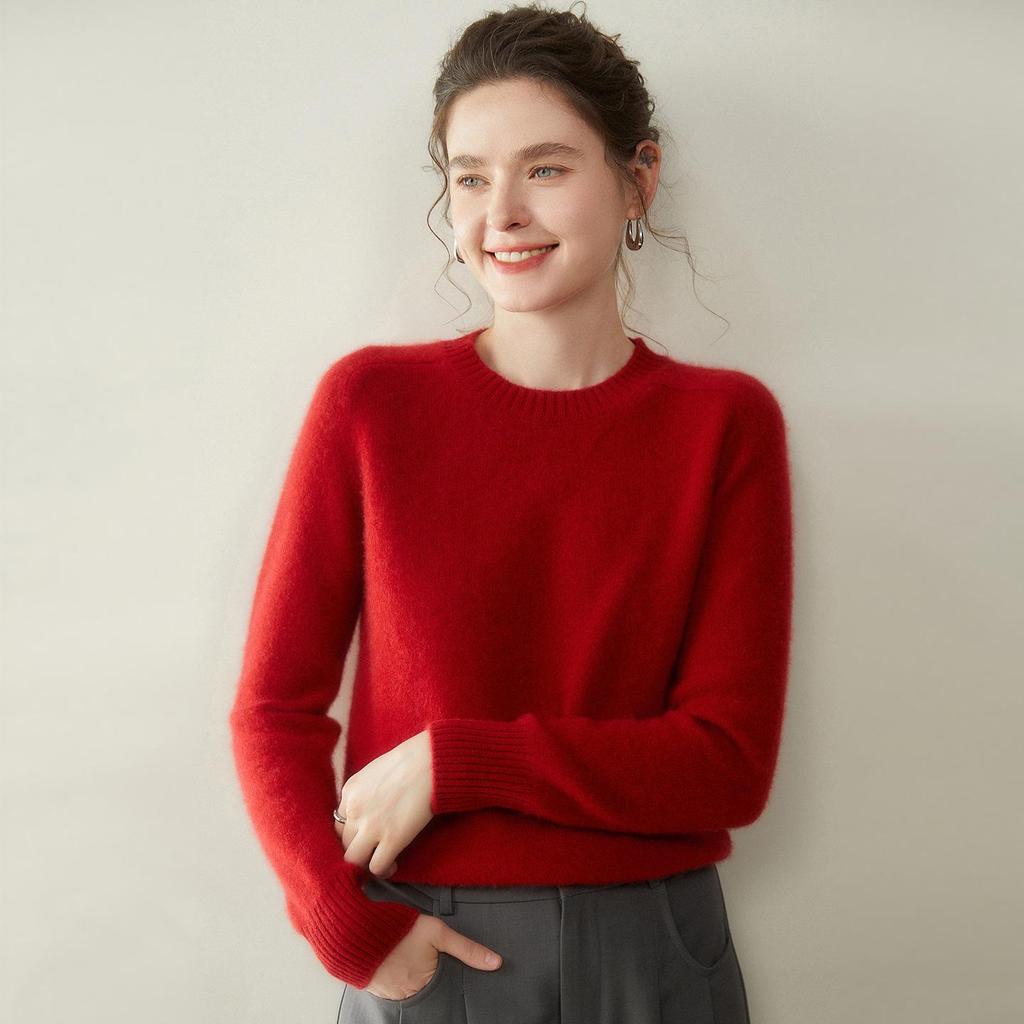 Женский кашемировый свитер с круглым вырезом - Коллекция Осень/Зима 2025, Реглан, Утепленный, Однотонный, Свободный крой, Стройнящий вязаный базовый.