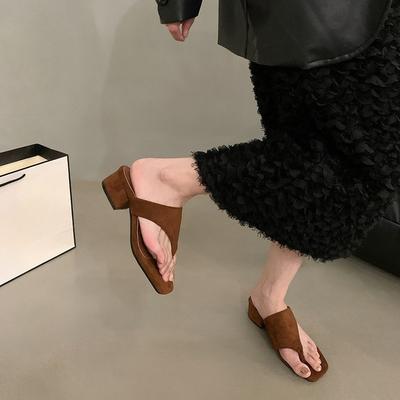 Женские шлепанцы женская летняя обувь новый темперамент замша ретро дизайн толстый каблук сандалии с открытым носком