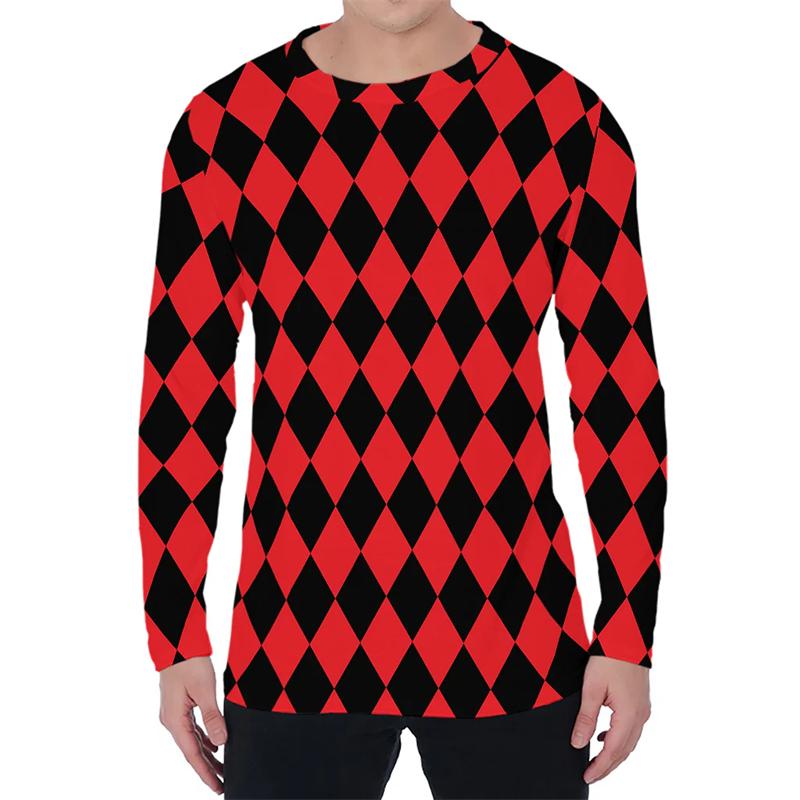 Simple Argyle Pattern Men's T-shirts Fashion Casual 3D Printed Long Sleeve T-shirts Loose Round Neck Streetwear Pullovers