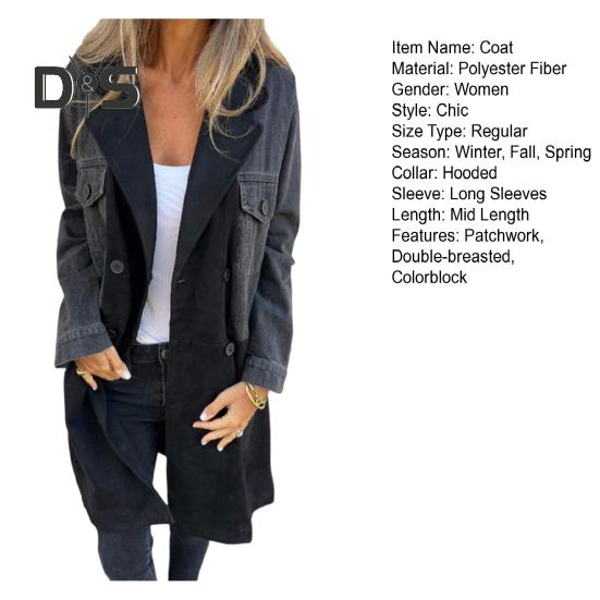 Женское весенне-осеннее пальто, джинсовая куртка, пальто, двубортное в стиле пэчворк с карманами с клапанами, цветное женское пальто средней длины