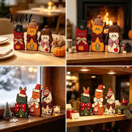 Thanksgiving Table Centerpieces 3Pcs Christmas Wooden Cat Ornaments with Hat and Bow Tie, Decorative 2D Standing Wood Figures Flat Tabletop Figurines,