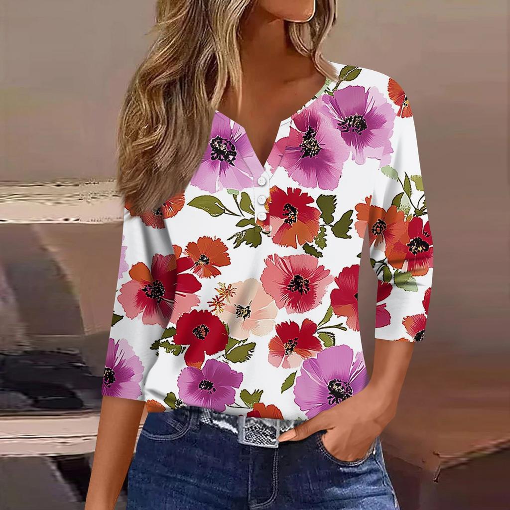 Women's T Shirt Tee Print Button 3/4 Sleeve Daily Weekend Fashion Basic V Neck Regular Top