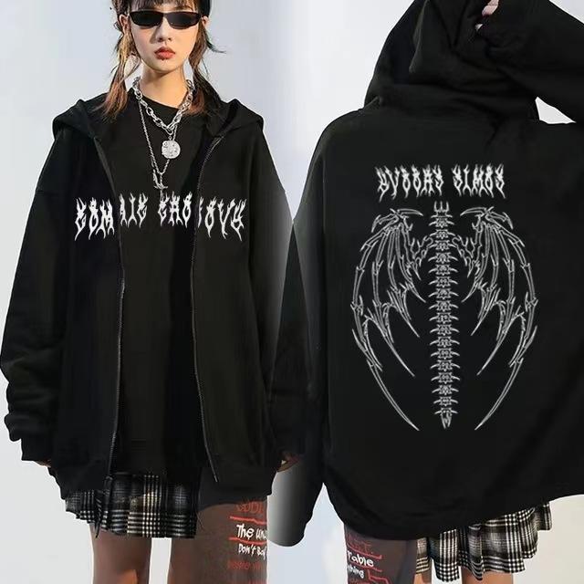 Dark Style Sweatshirt Ladies Hoodie Goth Couple Butterfly Skull Harajuku Large Size Zip Sweater