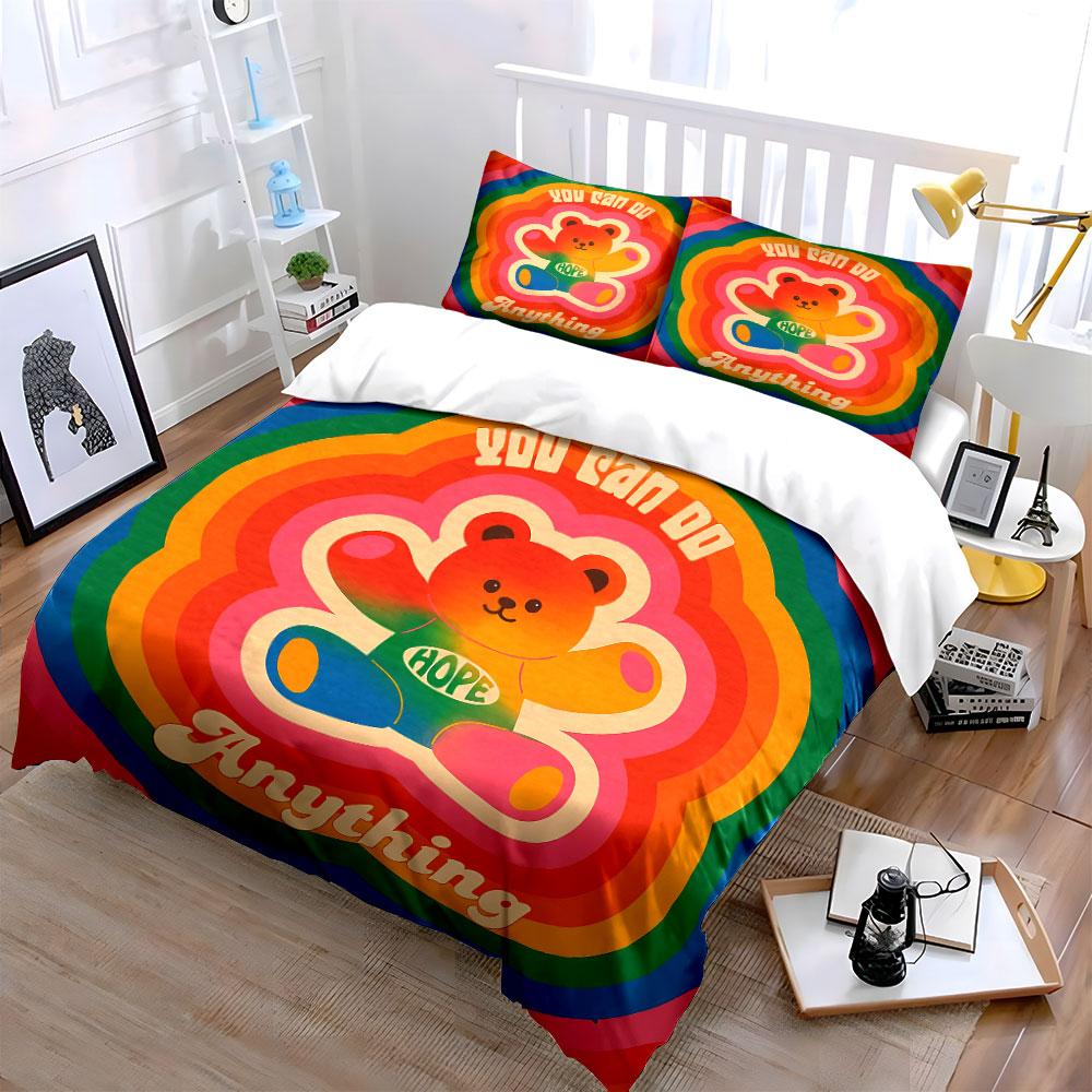 Colorful Bear with Hope Message Bedding Duvet Cover Set Duvet Cover Pillowcases  (1*Duvet Cover 2*Pillowcases, without duvet insert)