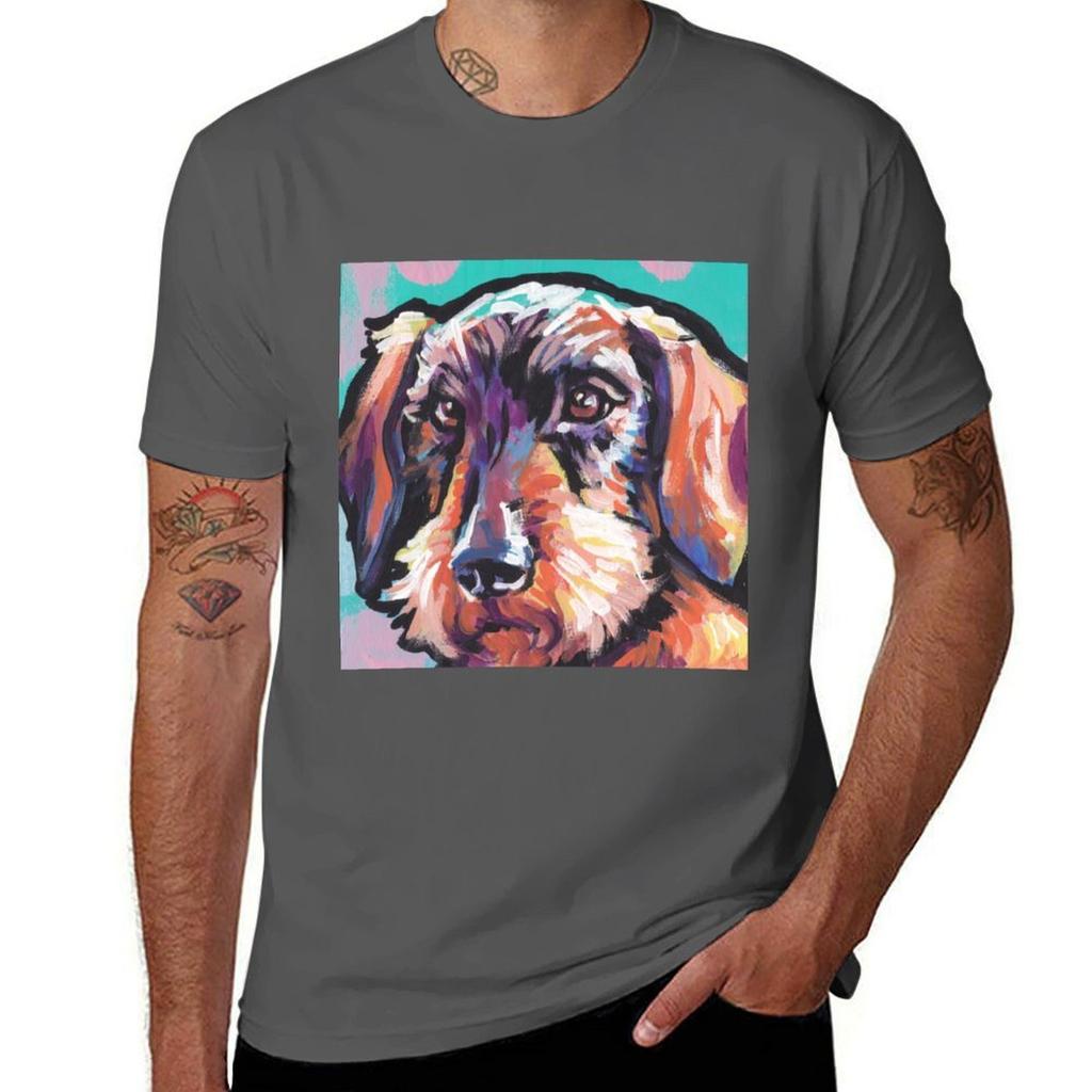 Wire Haired Dachshund Dog Bright Colorful Pop Dog Art Tshirt Relaxed Casual Short Sleeve Tee