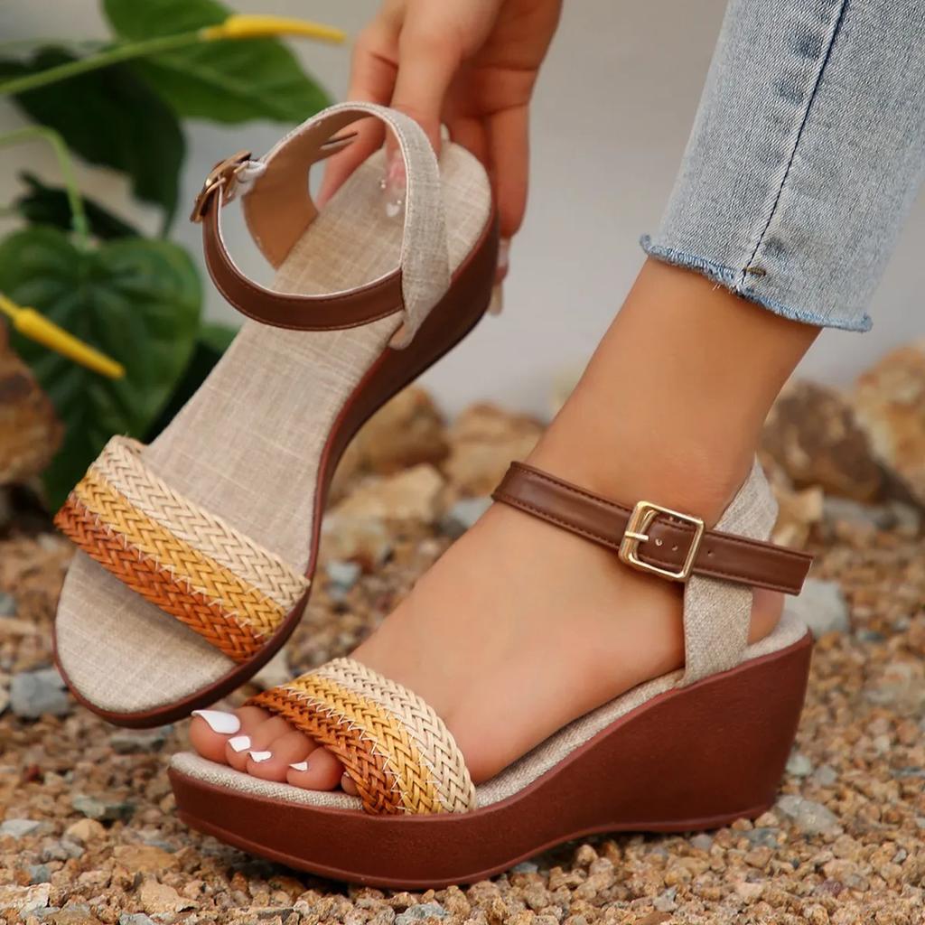 2024 Summer High-quality Women's Shoes Fashion Open-toe Leopard Print Color Wedge One-line Buckle Women's High-heeled Sandals
