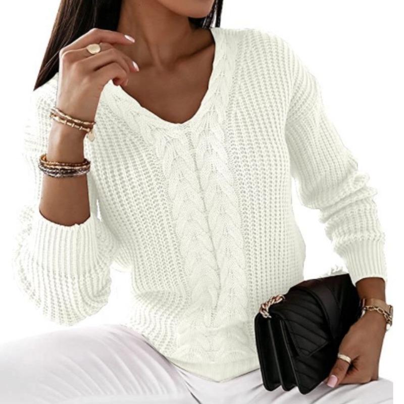 Осень и зима плюс размер вязаный свитер женский длинный рукав V-образный вырез однотонный пуловер свитера женские винтажные переплетения повседневный теплый джемпер трикотаж 24606