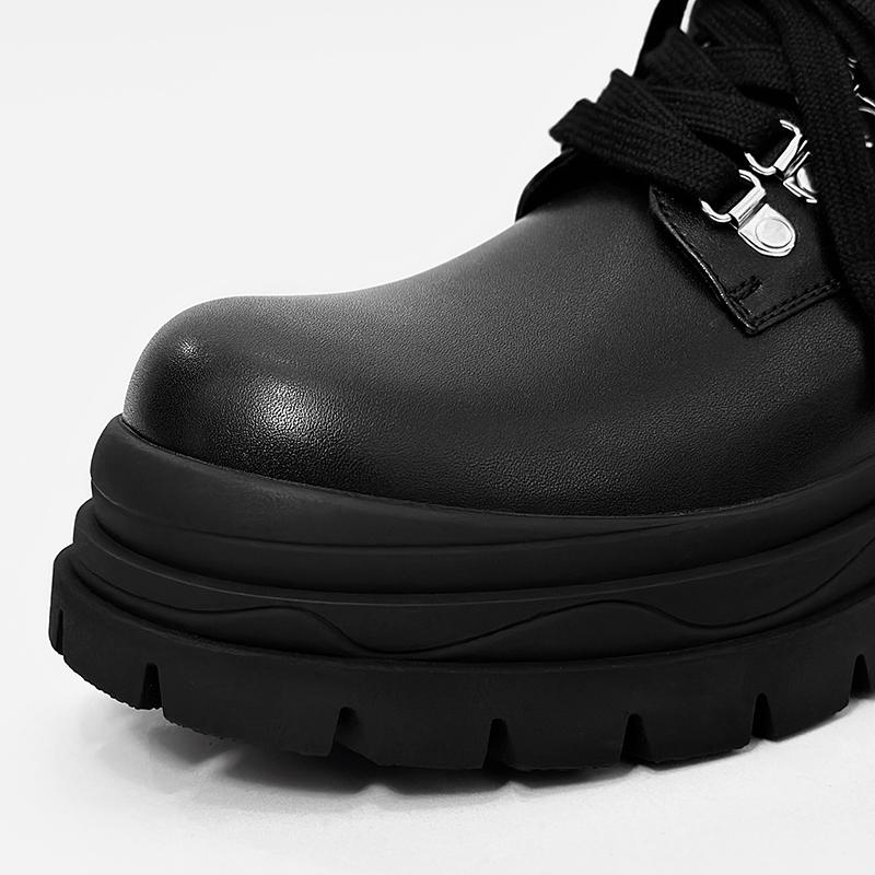 Men's British Street Style Black Leather Shoes - Metal Decor with Height Increasing Effect, Trendy & Comfortable for Urban Fashi