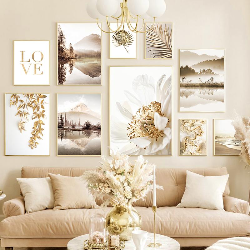 Современный горный морской пейзаж, картина на холсте, настенная живопись, цветы, листья, постер и принт для дома, гостиной, Настенный декор