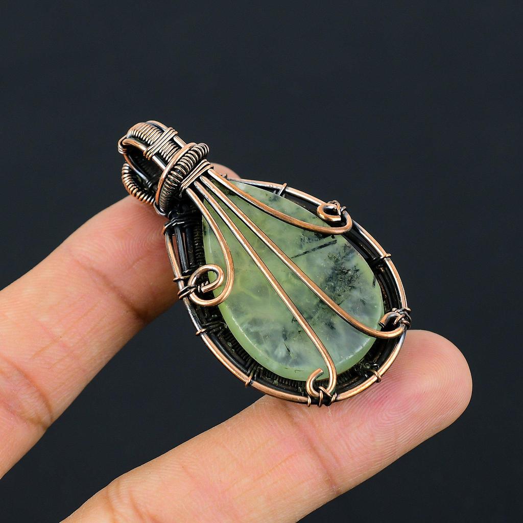 Prehnite Gemstone Pure Copper Wire Wrapped Handmade Jewelry Pendant