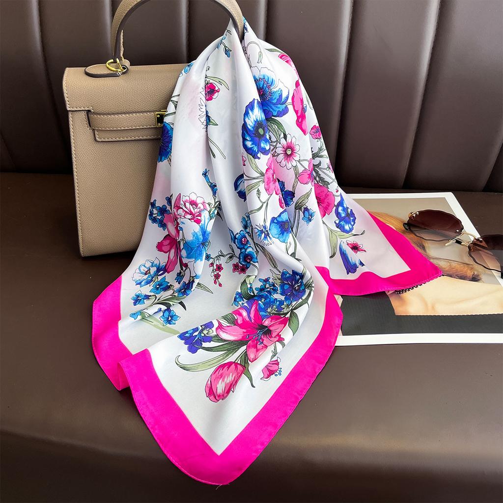 Korean Floral Print Silk Square Scarfs 70cm Women Summer Headscarf Female Neckerchief Decorate Neck Ties Lady Hijab Neck Scarf