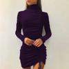 Women's Loose Casual Solid Color Drawstring High Neck Dress With Long Sleeves And Tight Fitting Hip Hugging Dress