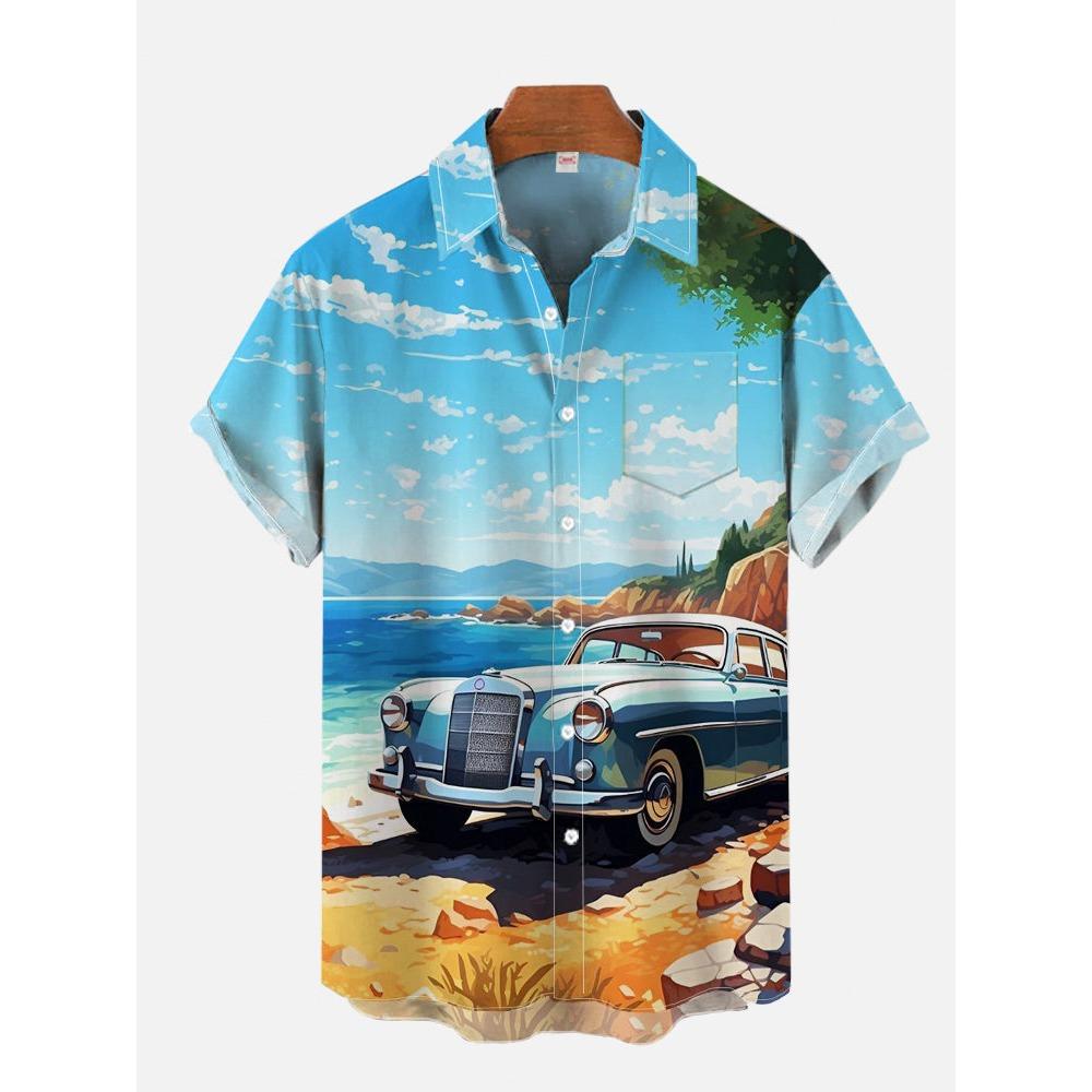 Классические гавайские рубашки с короткими рукавами и принтом в стиле тики-клуба для девушек-хула и ретро-автомобилей для мужчин, модные гавайские рубашки, пляжные блузки