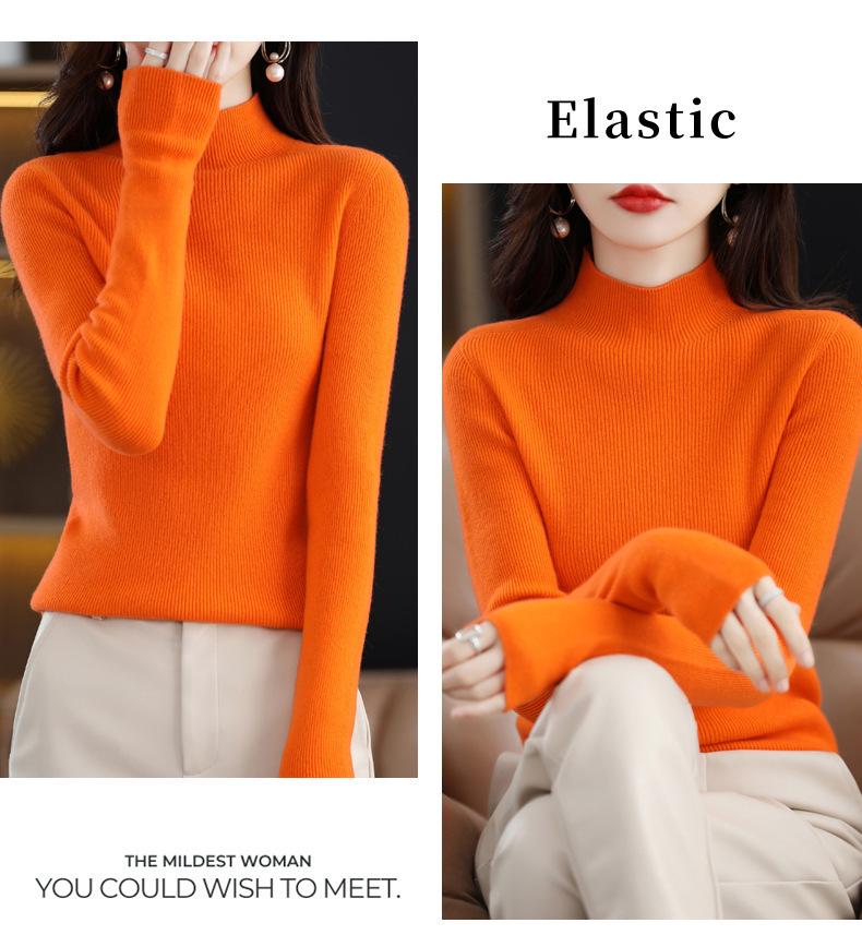 Women's Autumn & Winter Half-High Neck Wool Sweater - Tight-Fitting Australian Wool Pullover Knitwear Base Layer