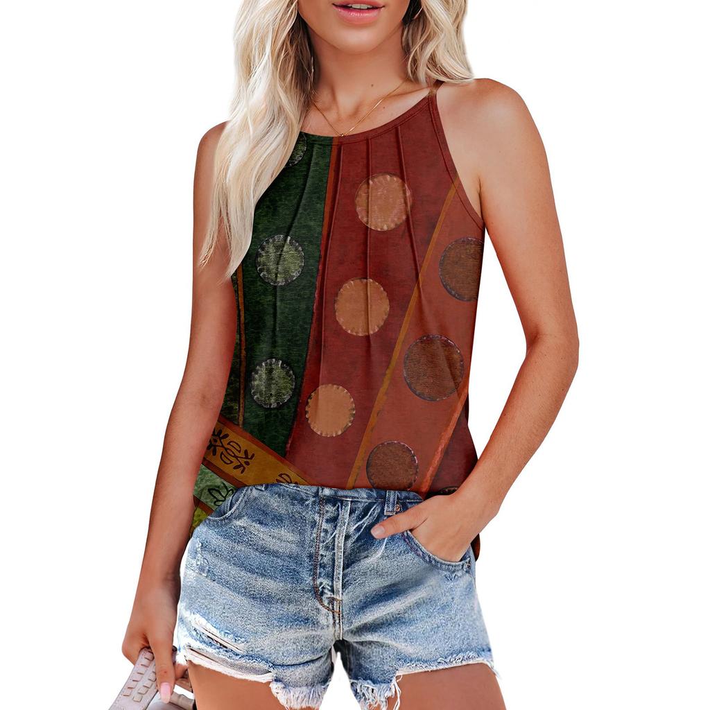 Womens Summer Tank Tops Pleated O Neck Printing Casual Top Tank Tops For Women Loose Fit Sleeveless Shirts