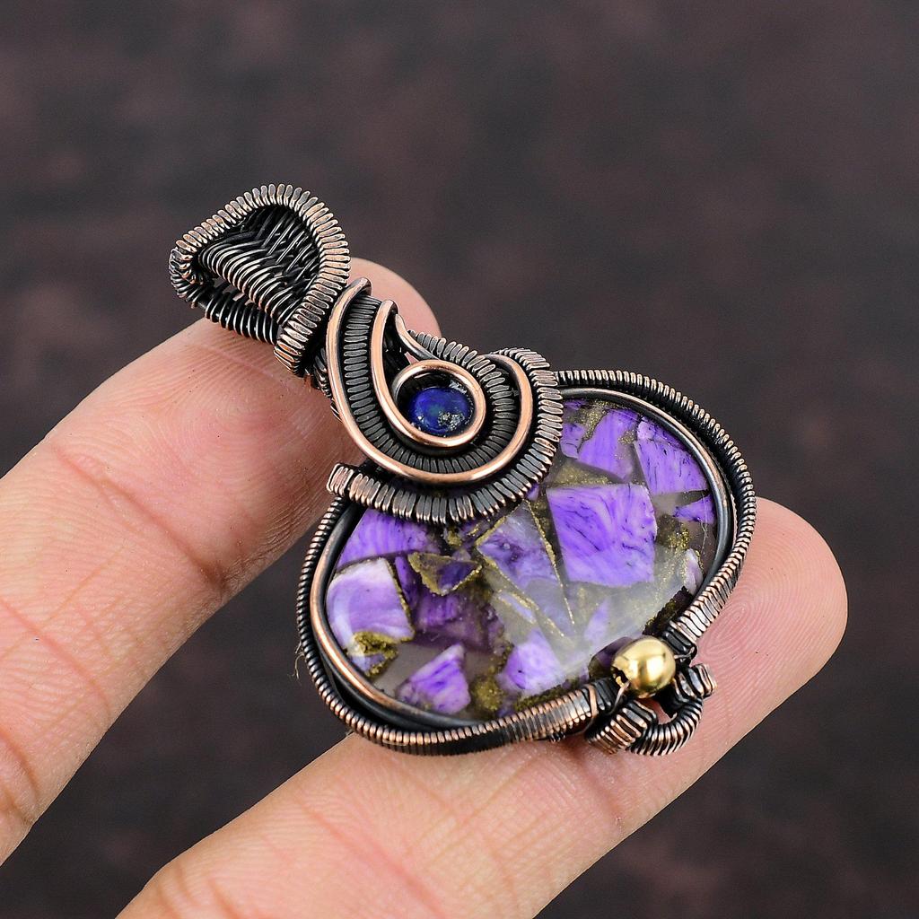 Медный кулон с чароитом, медная проволока, кулон, ювелирные изделия из драгоценных камней, кулон ручной работы, кулон из лазурита, красивые медные украшения для подарка