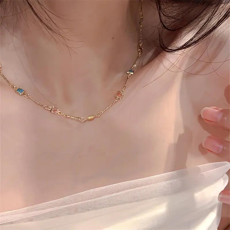 Good Square and Minimalist Fashion Fine Clavicle Chain Colored Stone Women's Light Luxury Gifts Women Necklace Wear Daily Accessorize