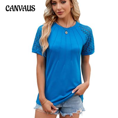 Летняя женская футболка, новая однотонная футболка с круглым вырезом и кружевом, с короткими рукавами, топы