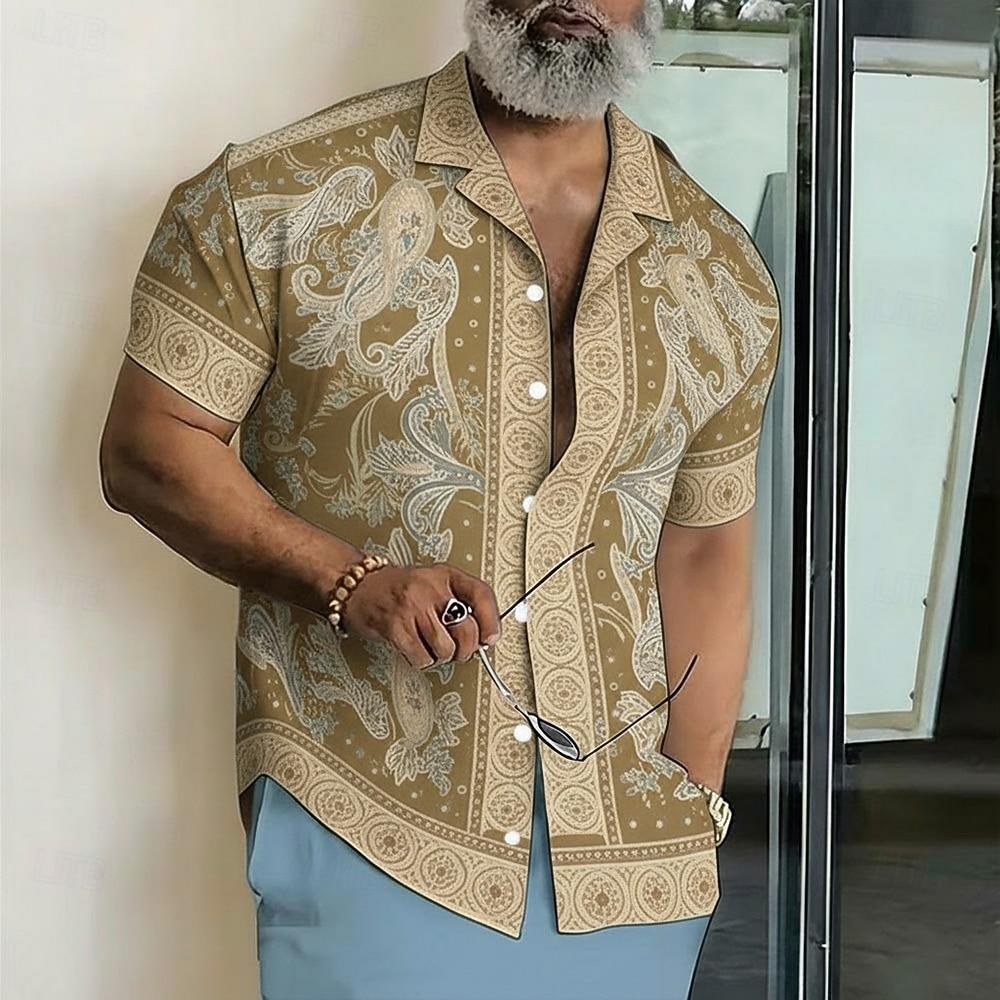 Men's 3D Print Paisley Floral Ethnic Shirt, Collar Short Sleeve Casual Top, Spring & Summer Outdoor Outings