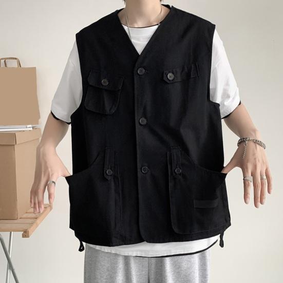 Мужской повседневный жилет без воротника, без рукавов, на пуговицах, жилет, однотонное пальто с несколькими карманами, тонкий стильный уличный жилет-карго