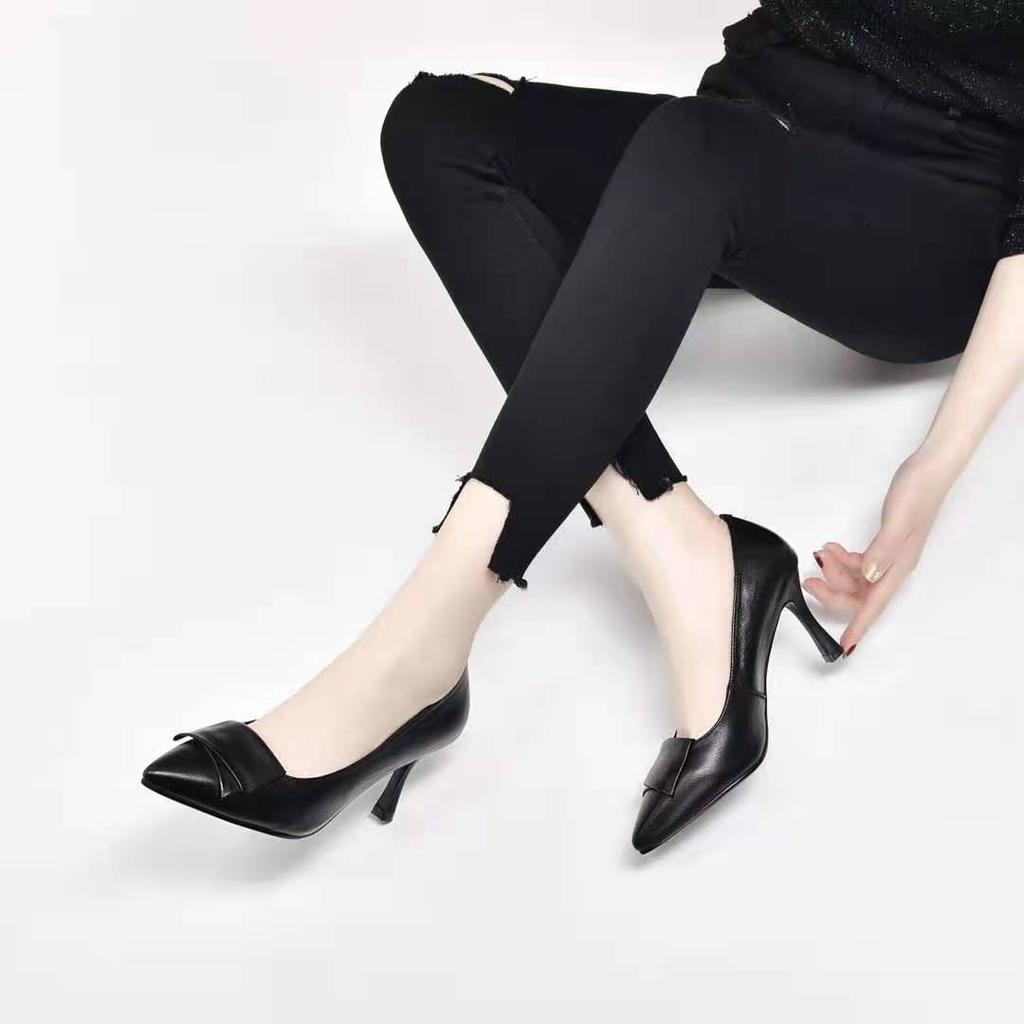 Туфли из натуральной кожи женские туфли-лодочки с острым носком на высоком каблуке модные черные рабочие туфли женские туфли для вечеринок большие размеры 33-40